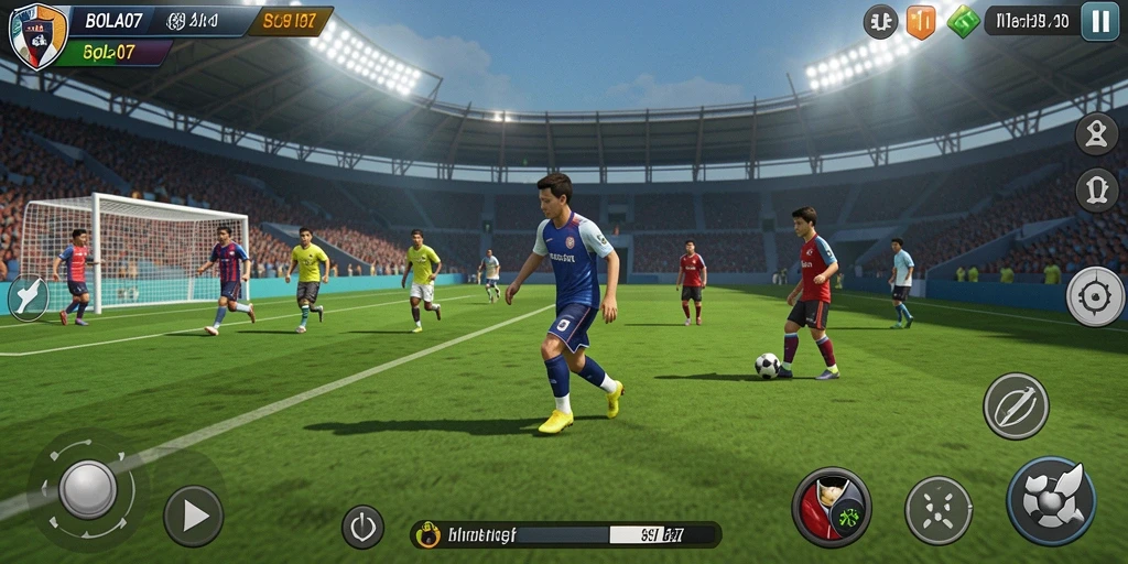 Tampilan gameplay BOLA07 yang penuh aksi di lapangan sepak bola.