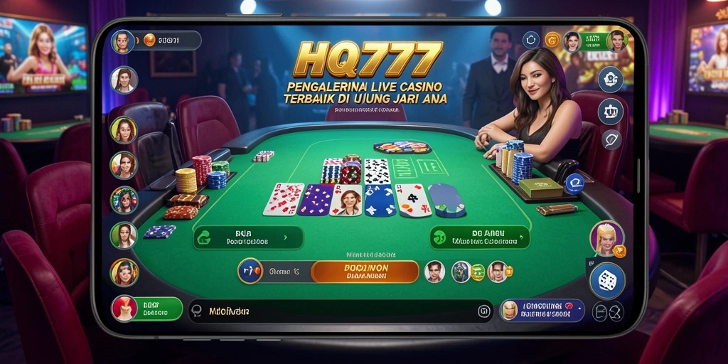 Screenshot HQ777 menampilkan dealer profesional dalam permainan Live Casino yang mendebarkan.