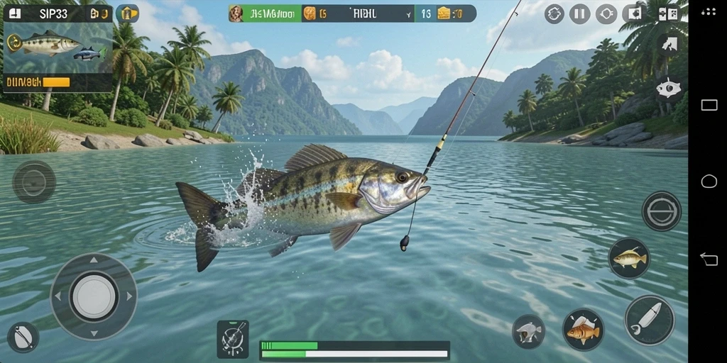 Gameplay menarik memancing ikan di berbagai lokasi alam.